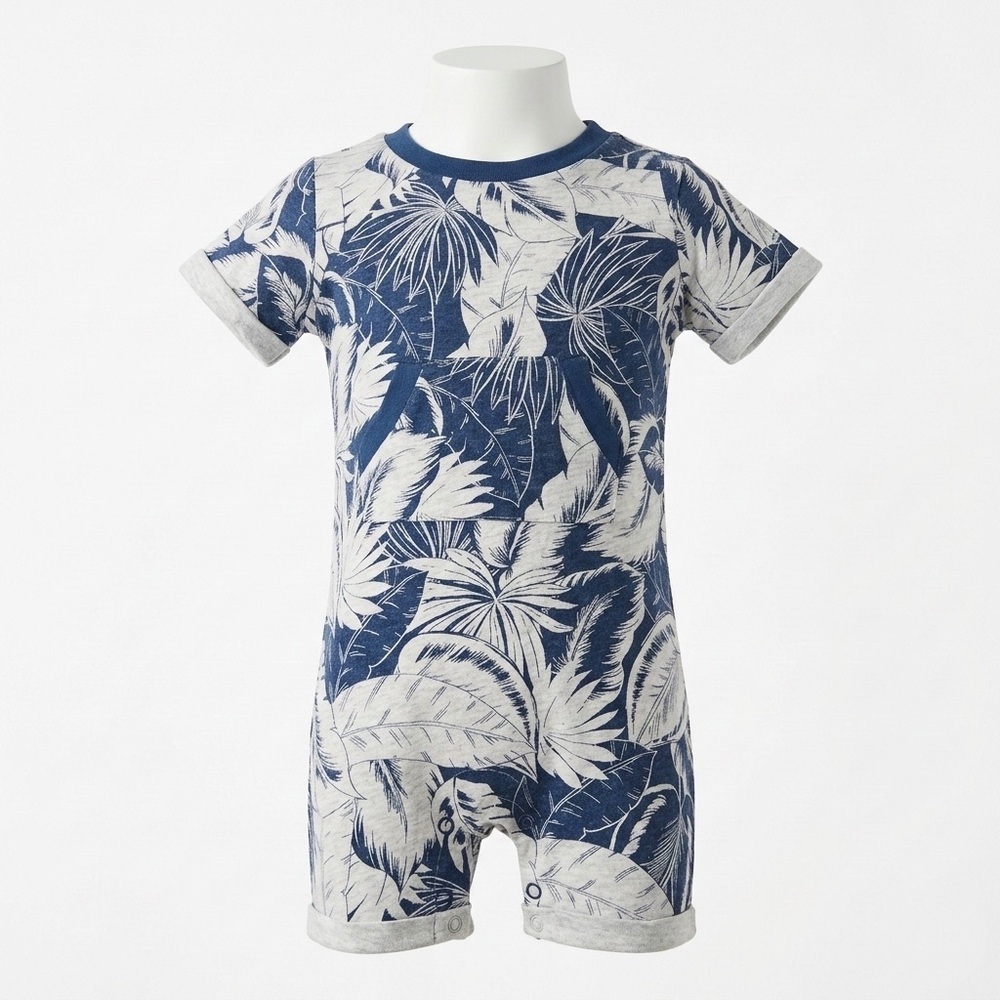 First Impressions Tropical Palm Leaf Baby Romper Blue 6 to 9M